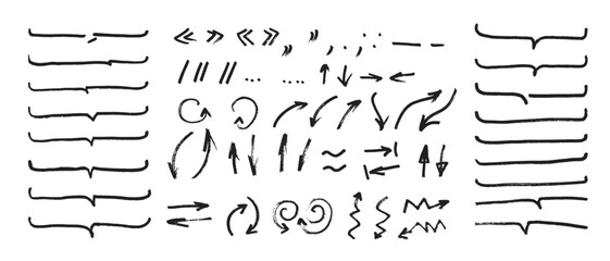 Marker felt pen or crayon doodle text frames, direction arrows and text marks emphasis scribbles collection. Headline doodle underline hand drawn set.