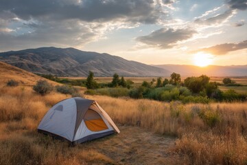 Sunset camping scene on white background