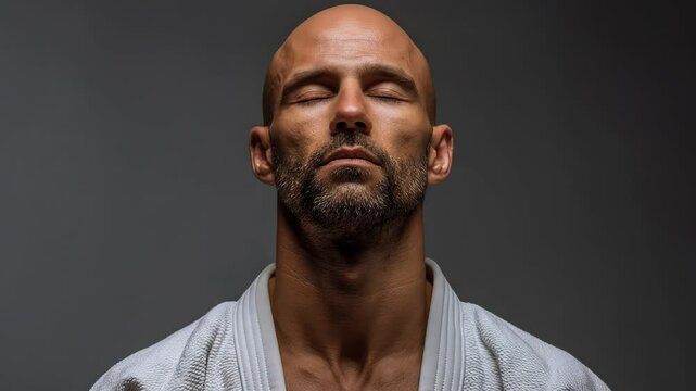 Close-up of a man in karate kimono with closed eyes, mentally preparing and focusing before a fight.

