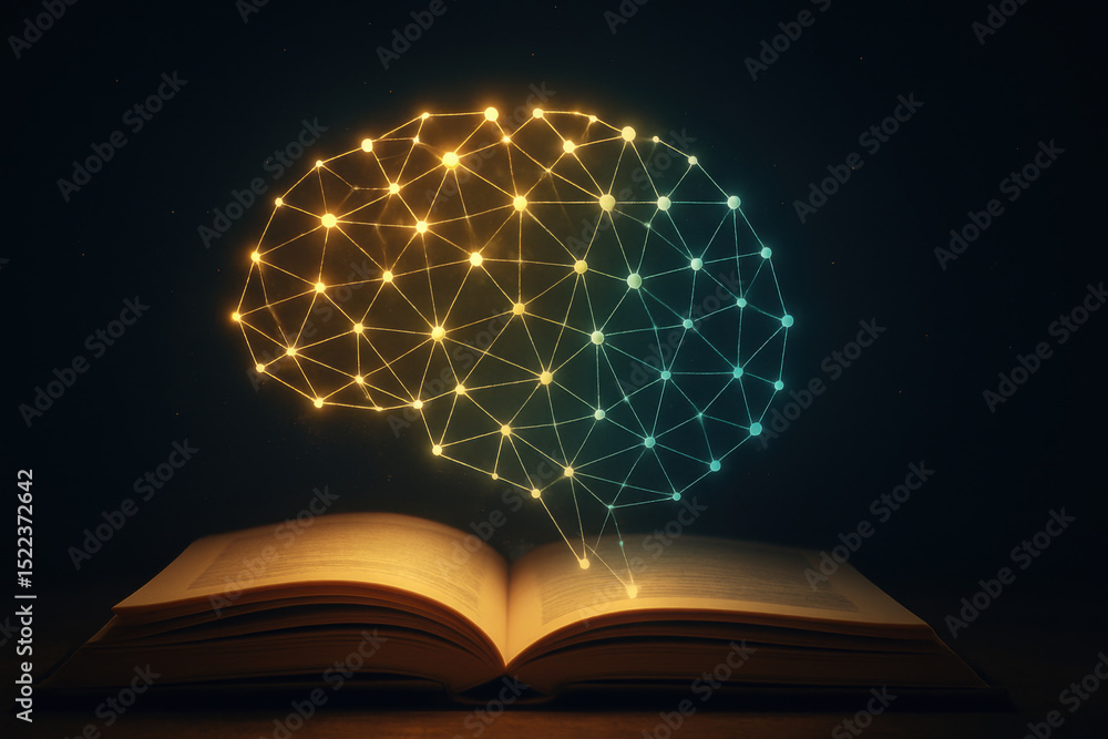Poster glowing brain illustration emerges from open book, symbolizing knowledge and enlightenment. neural c