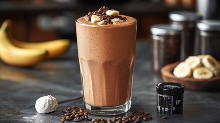Delicious Chocolate Banana Smoothie with Coffee Topping in Glass