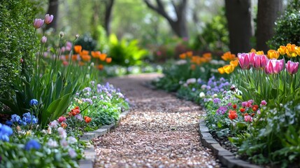 Naklejka premium Colorful Flower Pathway in Bright Spring Garden Scene