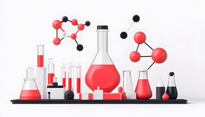 Colorful scientific laboratory equipment and molecules.