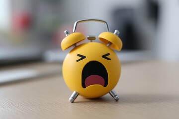 Cute yellow emoji alarm clock with yawning face sitting on wooden desk surface