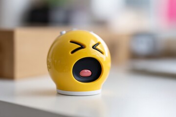 Cute yellow emoji-shaped alarm clock with a yawning face and sleepy expression on white surface