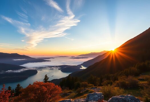 Majestic sunset over misty mountain lake Breathtaking panoramic view of serene nature,  hills,  travel