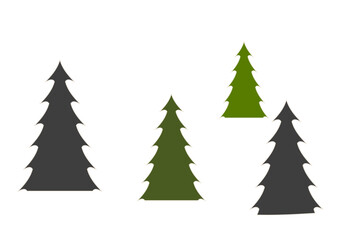 A graphic depicting four stylized pine trees in varying shades of green and gray against a white background.