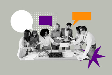 Creative artwork template sketch image 3D collage of group man lady discussion business strategy...