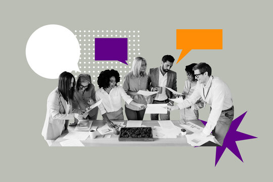 Creative artwork template sketch image 3D collage of group man lady discussion business strategy teamwork brainstorming corporate office