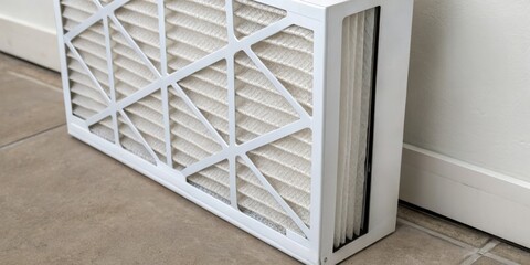Furnace Filter and clean concept. Air conditioning filter resting on a tiled floor indoors.