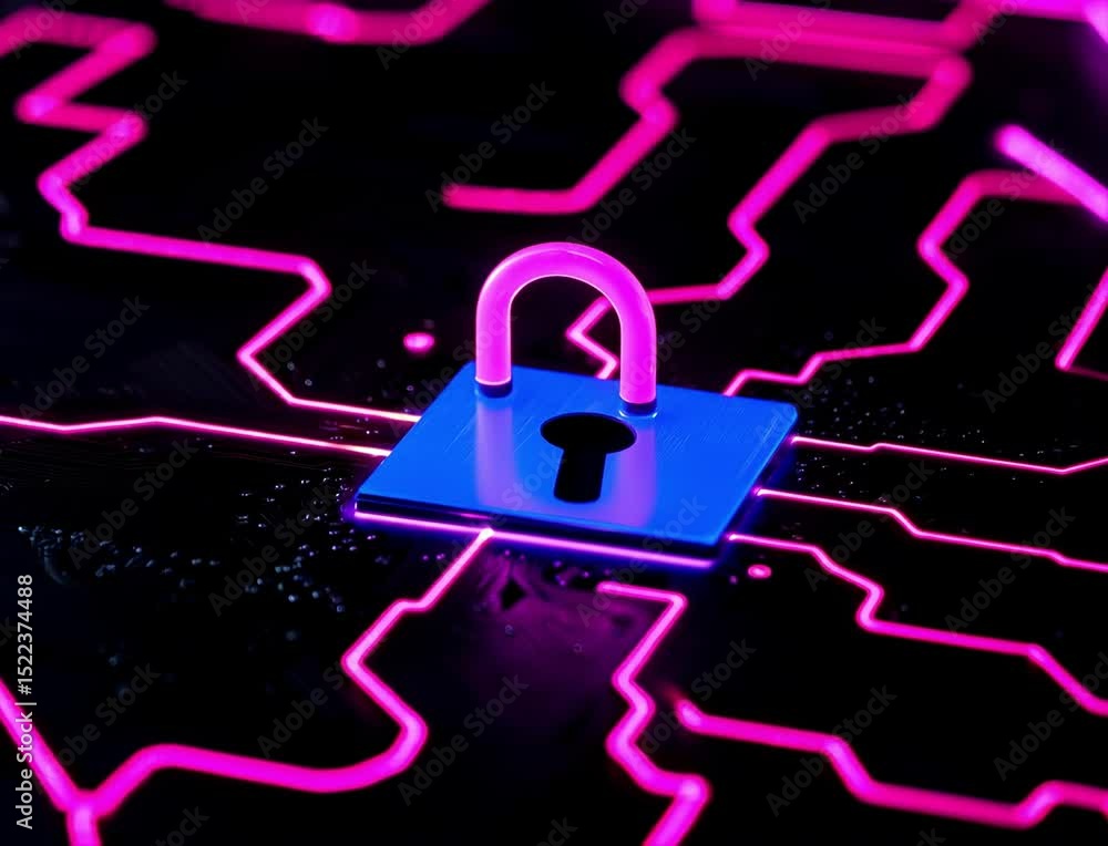 Poster abstract circuit board with lock represents data protection and system security.