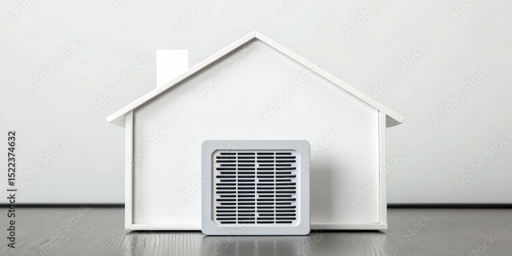 Poster furnace filter and clean concept. model of a house with an air conditioning unit in front.