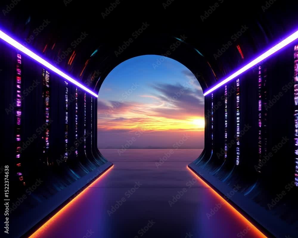 Poster abstract tunnel with light and code leading to a bright horizon creating a futuristic vibe.