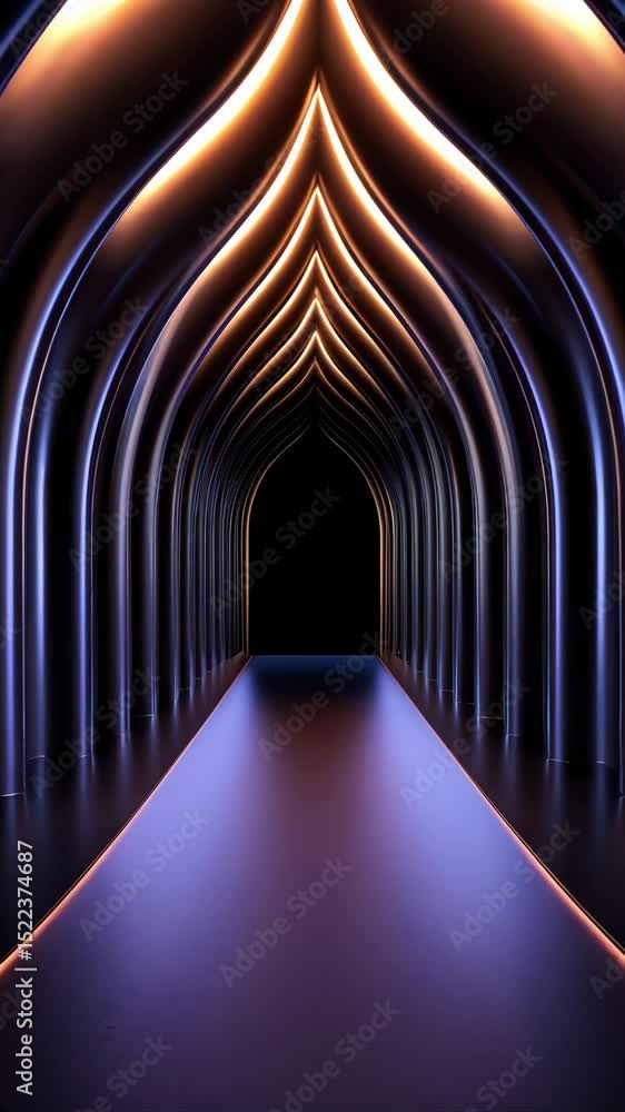 Poster abstract with archway form a perspective view into a dark space.