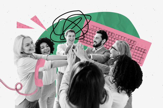 3D collage poster template trend sketch of cooperation high five man lady smile keyboard human resources employment recruitment manager