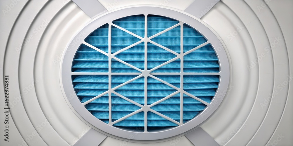 Poster furnace filter and clean concept. air filter close-up with a blue pattern and circular frame.