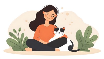 A young woman sits gently cradling a cat in her lap.