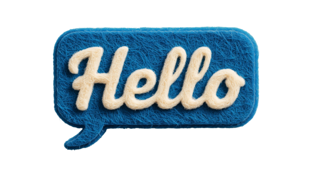 A blue speech bubble with the word hello written in white cursive on a white background clearly visible - Powered by Adobe