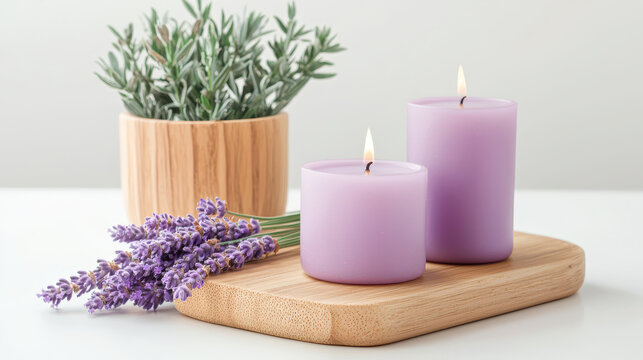 Serene spa moment featuring lavender candles, wooden tray, and fresh lavender flowers, creating calming atmosphere