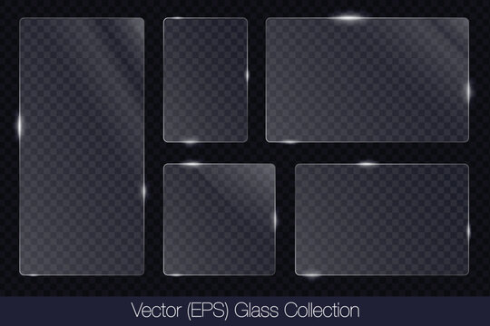 Realistic 3D glass transparent square and rectangle frame with glare, flat glass or plastic plate, flat transparent glass lens, realistic screen glass, window mockup, vector illustration