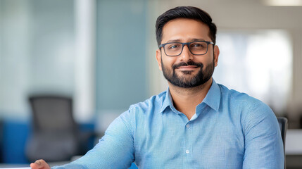 Obraz premium Confident man with glasses smiles warmly in modern office setting, showcasing professionalism and approachability