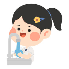 Schoolgirl washing hands at sink