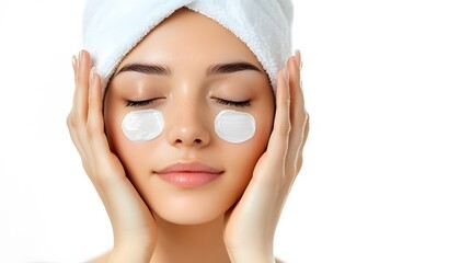 Woman with eye patches applying facial cream.