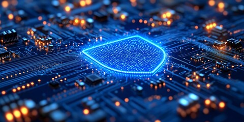 Cybersecurity and Digital Protection Concept Featuring a Glowing Blue Shield Over a Circuit Board, Representing Secure Encryption, Online Safety, and Advanced Cyber Defense Strategies