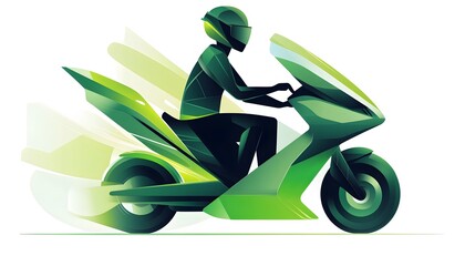Futuristic green motorcycle with rider in motion.