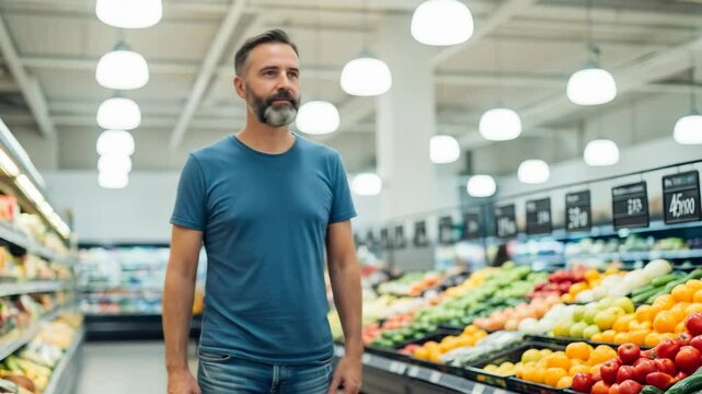 Male grocery store employee standing confidently in front of fresh produce display, surrounded by vibrant fruits and vegetables, showcasing a welcoming atmosphere in a modern supermarket environment - Powered by Adobe