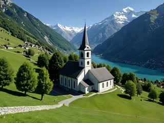 Serene Church by Mountain Lake Stunning Alpine Scenery