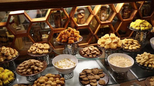 Middle Eastern dessert buffet with colorful baklava honey pastries and nut sweets beautifully arranged on decorative stands under warm lights for festive dining and luxury hotel experiences
