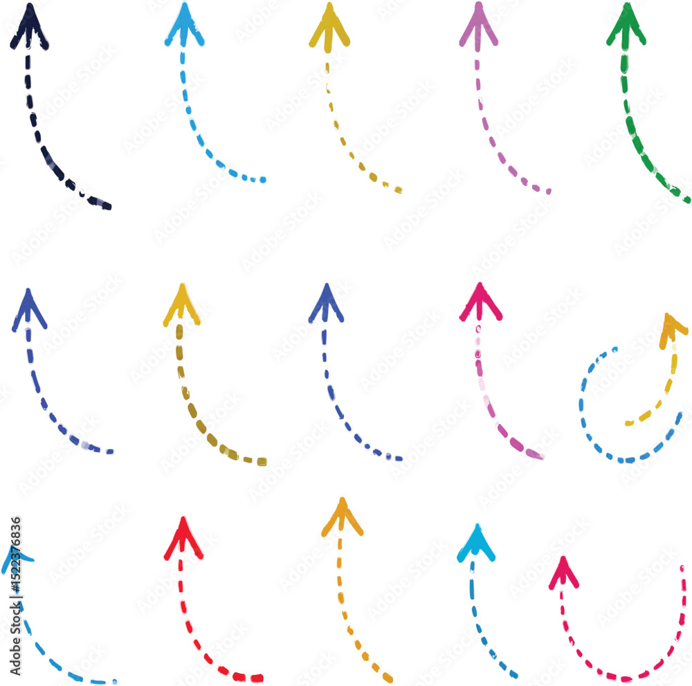 Poster collection of colorful upward pointing arrows with dotted lines on a transparent background