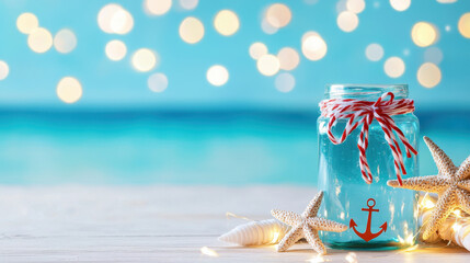Decorative jar with anchor design, filled with blue liquid, surrounded by seashells and starfish, evokes serene beach vibe
