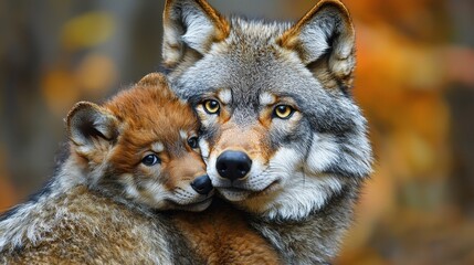 Obraz premium Wolf snuggling baby