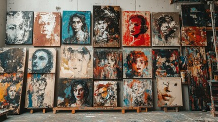 Diverse Artistic Portraits on Display in Creative Art Studio Environment