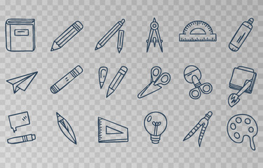 Hand-drawn school supplies icons png set on transparent background. Back to school doodle hand drawn elements, vector set. Vector illustration.
