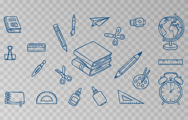 Hand-drawn school supplies icons png set on transparent background. Back to school doodle hand drawn elements, vector set. Vector illustration.