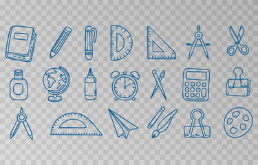 Hand-drawn school supplies icons png set on transparent background. Back to school doodle hand drawn elements, vector set. Vector illustration.