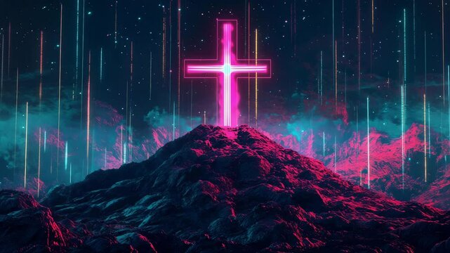 A glowing neon cross stands on a mountain as vibrant colors illuminate the surrounding landscape under the night sky filled with stars