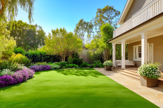 Cassic backyard with idullic lawnand house at sunny day