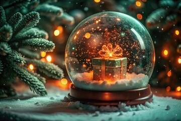 Illuminated christmas gift inside snow globe