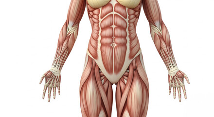 Female anatomy of muscles and tendons, detailed structure, high detail, isolated on white background