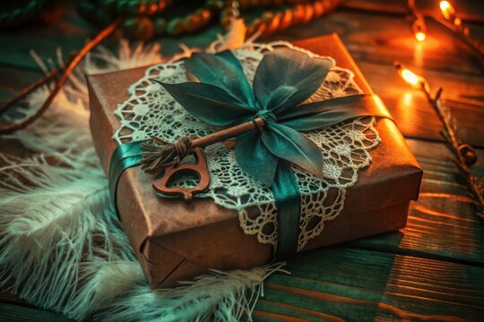 Rustic gift box with teal ribbon and key - Powered by Adobe