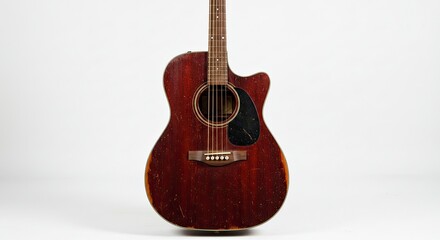 Obraz premium Detailed Acoustic Guitar Against White Background Musical Instrument Displaying Wooden Texture And Brown Tones