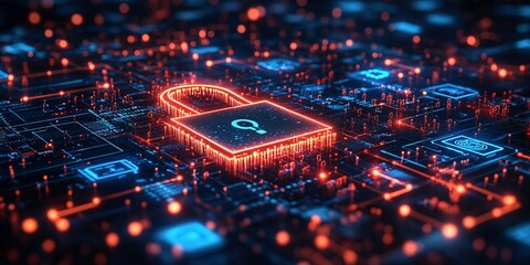 Cybersecurity and Data Protection Concept Featuring a Glowing Orange Padlock at the Center of a High-Tech Network, Representing Secure Encryption, Online Safety, and Advanced Threat Prevention
