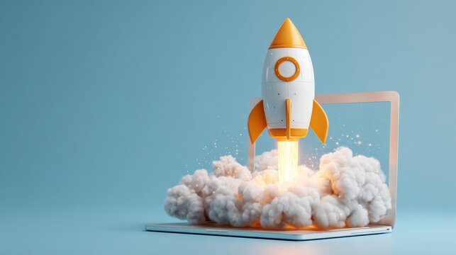 Rocket launching from laptop screen symbolizes rapid business growth and digital innovation startup success