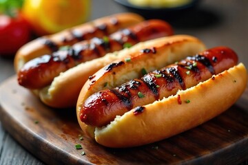 Juicy grilled pork hot dogs, glistening with flavorful char marks, ready to be served in buns Perfect for summer barbecues or a casual meal , meal, cookout