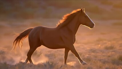 A Chestnut Horse Gallops Through a Dusty Field at Sunset, Mane and Tail Flowing in the Wind - Powered by Adobe