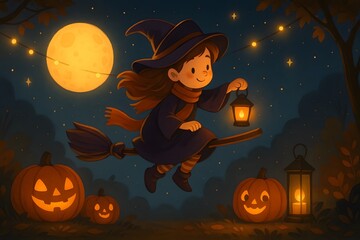Fototapeta premium Halloween Witch Flying on Broom with Lantern, AI generated